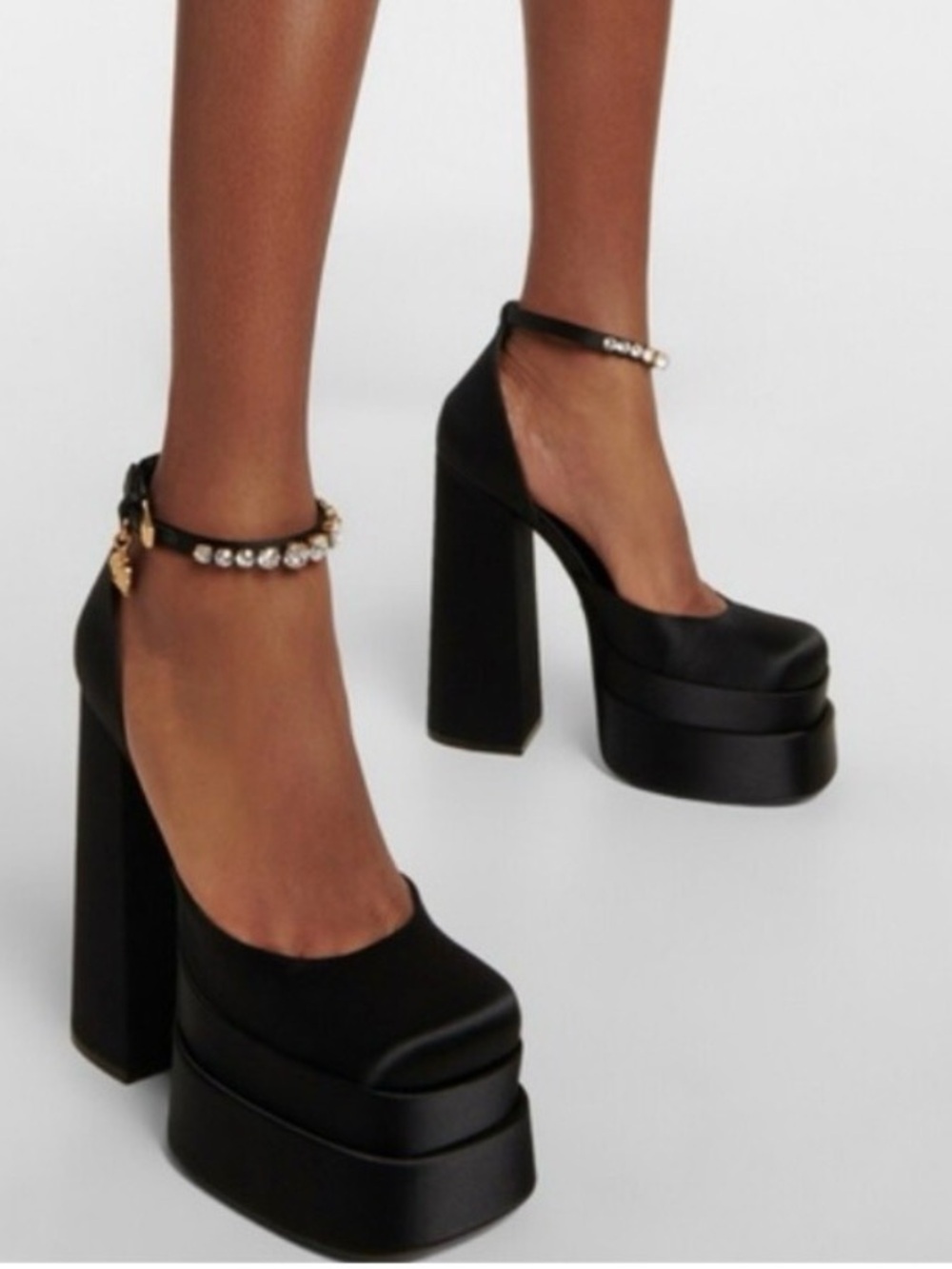 $1150 Versace Medusa gold Charm satin high platform heels 40.5